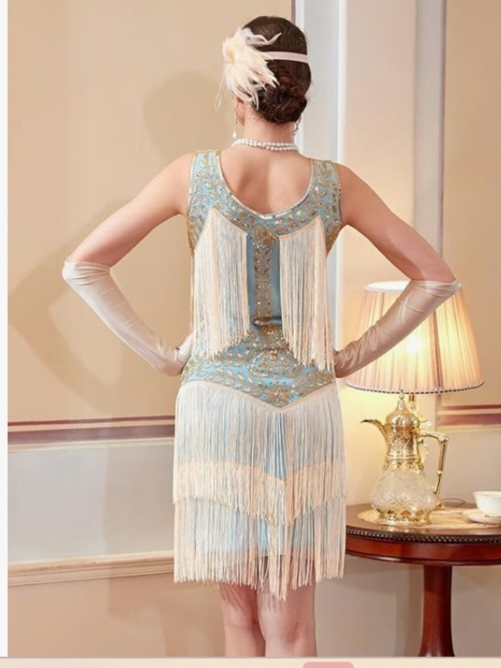 Vintage-Inspired Blue & Cream Fringe Flapper Dress - XL - Picture 2 of 8